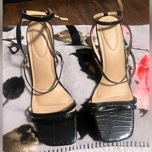 Women’s alligator print black heeled ankle strap sandal